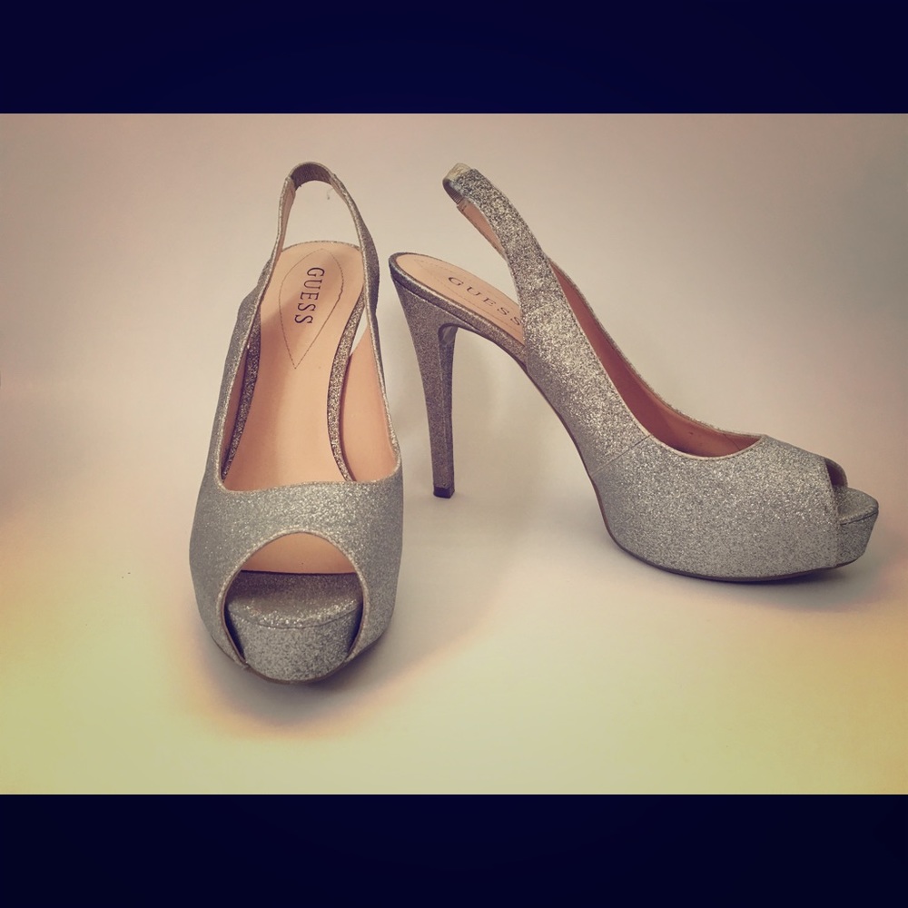 GUESS silver sparkle heels